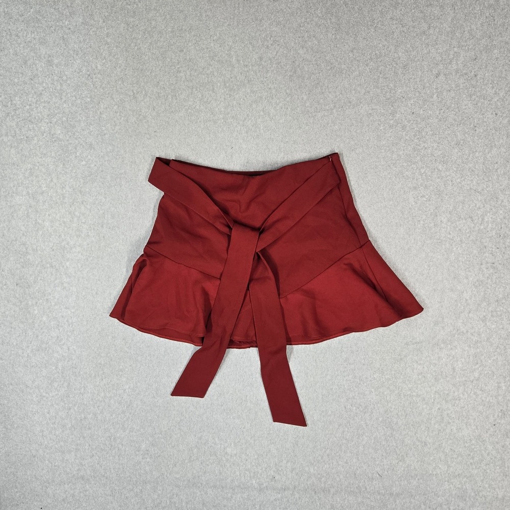 ZARA Women Skirt M Red Mini Ruffle Hem Tiered Romantic Belted Bow Tie High Rise